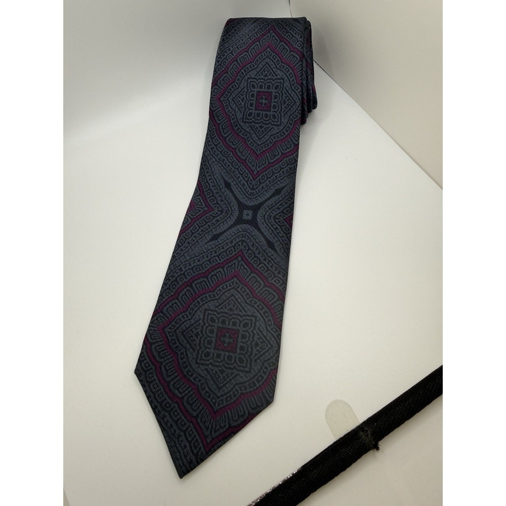 Vintage Richel De Luxe Silk Tie Gray Magenta Geometric Medallion Spain